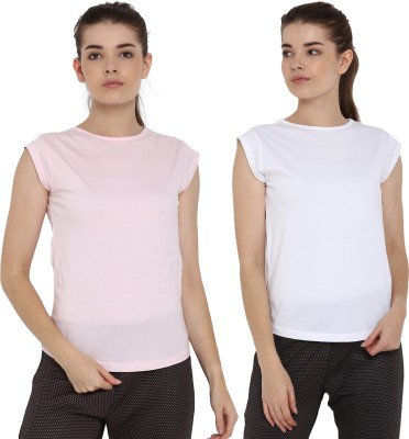 Ap'pulse Solid Women Round Neck White, Pink T-Shirt