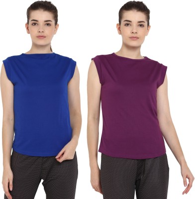 Ap'pulse Solid Women Round Neck Purple, Blue T-Shirt