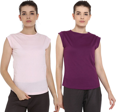 Ap'pulse Solid Women Round Neck Purple, Pink T-Shirt