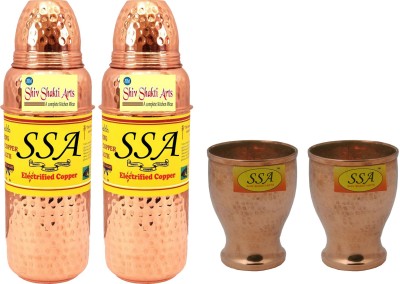 Shivshakti Arts Bottles & Glasses Combo Set of 4 Pcs Drinkware set 700 ml Bottle(Pack of 4, Copper, Copper)