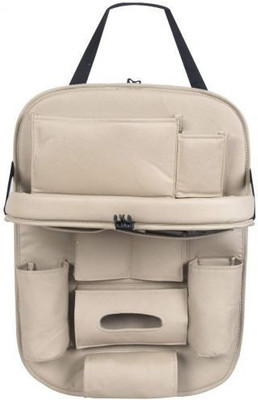 jstbuy Universal Car Back Seat Organizer with Foldable Food Table Tray PU Leather Multi Pocket Backseat Storage with Tissue Box, Bottle, Tablet and Mobile Holder (Beige) Car Multi Pocket(1 L)