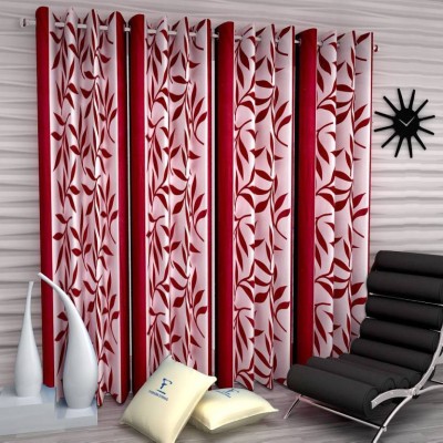 N2C Home 213 cm (7 ft) Polyester Semi Transparent Door Curtain (Pack Of 4)(Printed, Maroon)