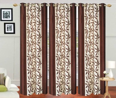 N2C Home 270 cm (9 ft) Polyester Semi Transparent Long Door Curtain (Pack Of 3)(Floral, Brown)
