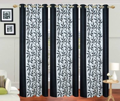 N2C Home 270 cm (9 ft) Polyester Semi Transparent Long Door Curtain (Pack Of 3)(Floral, Black)