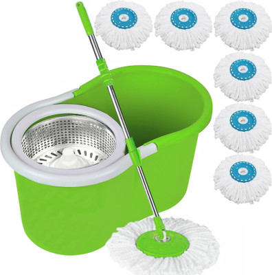 V-MOP Magic Classic Dry Bucket Mop - 360 - Degree Self Spin Wringing With 7 Super Mop Set(Multicolor)
