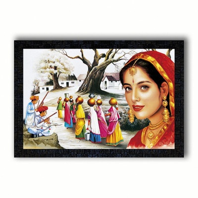 Poster N Frames UV Textured Decorative Art Print of Rajasthani Culture Figurative Art painting on paper with wooden synthetic frame Digital Reprint 14 inch x 20 inch Painting(With Frame)