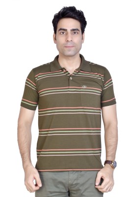 AWACK Striped Men Polo Neck Dark Green T-Shirt