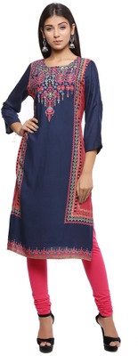 Cloth Stories Women Printed Straight Kurta(Dark Blue)