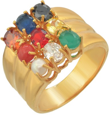 MissMister Gold plated Heavy brass Navgrah Navratana Finger ring Men Brass Cubic Zirconia Gold Plated Ring