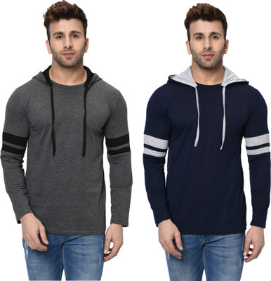 Jangoboy Printed Men Hooded Neck Grey, Dark Blue T-Shirt(Pack of 2)