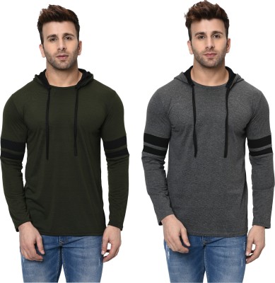 Adorbs Solid Men Hooded Neck Green, Grey T-Shirt