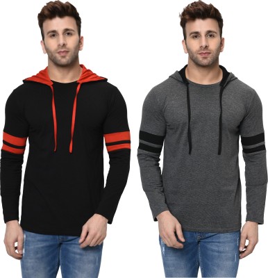 Unite Wear Self Design, Solid Men Hooded Neck Black, Grey T-Shirt