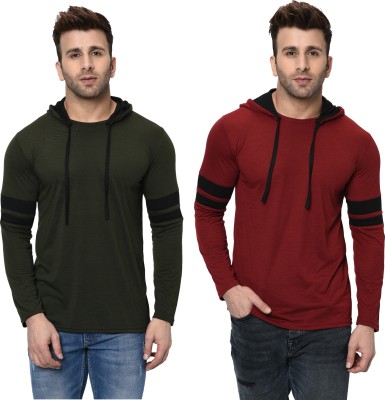 Bribzy Solid Men Hooded Neck Green, Maroon T-Shirt