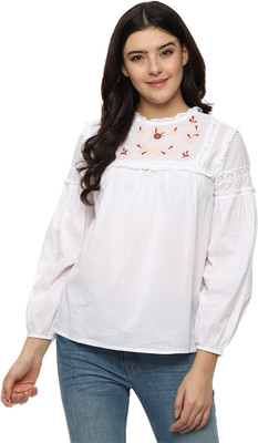 Van Heusen Casual Bishop Sleeve Embroidered Women White Top