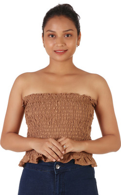 Leean Patterns Casual No Sleeve Printed Women Brown Top