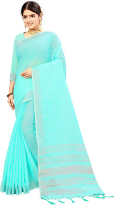 Disha Trends Striped Bollywood Cotton Linen Saree(Light Blue)