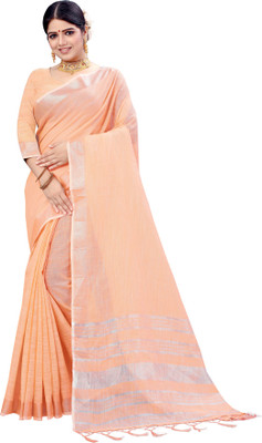 Disha Trends Striped Bollywood Cotton Linen Saree(Orange)