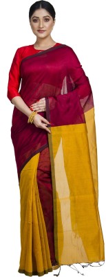 Upama Fabric Color Block Bollywood Handloom Cotton Linen Saree(Maroon)
