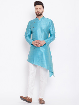See Designs Men Self Design Asymmetric Kurta(Light Blue)