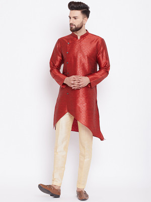 See Designs Men Self Design High Low Kurta(Maroon)
