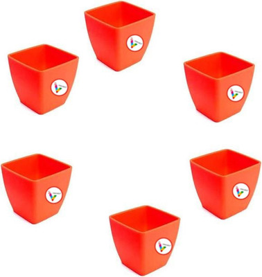 VINSHRA 5 inch Square Red color Flower Plastic Pot (Set of 6) Plant Container Set(Plastic)