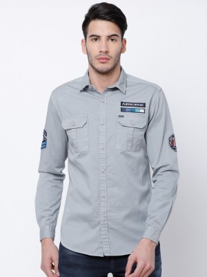 LOCOMOTIVE Men Solid Casual Grey Shirt