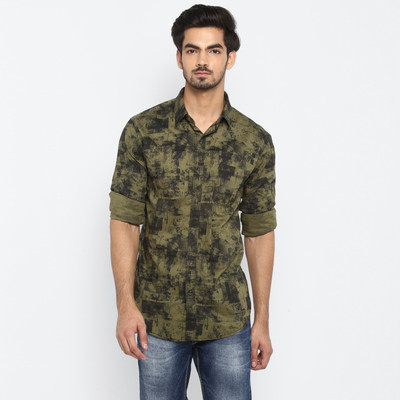 mufti-men-printed-casual-dark-green-green-shirt