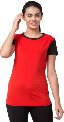 Bluecon Colorblock Women Round Neck Red T-Shirt