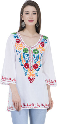 SAAKAA Casual Regular Sleeve Embroidered Women White Top