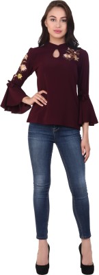 Aesmarize Casual Bell Sleeve Embroidered Women Maroon Top