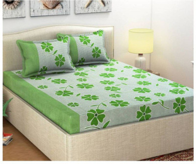 Panipat Textile Hub 140 TC Microfiber Double 3D Printed Fitted & Flat Bedsheet(Pack of 1, Green)