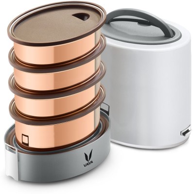 Vaya Tyffyn Jumbo 1300 ml White Copper-Finished Stainless Steel Tiffin Box without BagMat (One 400 ml + Three 300 ml Containers) - 4 Containers Lunch Box(1300 ml, Thermoware)