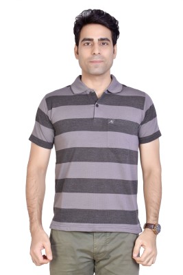 AWACK Striped Men Polo Neck Grey T-Shirt