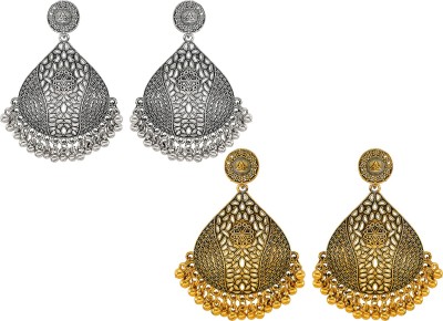 SHI Jewellery Combo 2 Pair Afghani Tribal Oxidised Gold & SIlver Plated Earrings Pearl Brass Drops & Danglers, Chandbali Earring