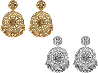 SHI Jewellery Combo 2 Pair Afghani Tribal Oxidised Gold & SIlver Plated Earrings Pearl Brass Chandbali Earring