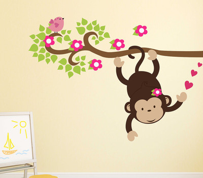 WALLDECORS 71.12 cm MONKEY PLAYING IN TREE WITH BIRDS WALL STICKER Self Adhesive Sticker(Pack of 1)