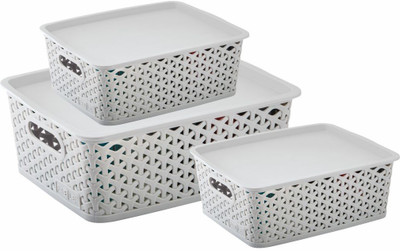 Nabhya Plastic Combo Of 3 Small And Medium Storage Basket with Lid Plastic Box Organiser Storage Basket(Pack of 3)