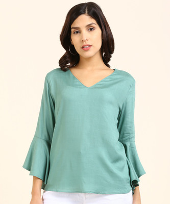 Tokyo Talkies Casual Bell Sleeve Solid Women Green Top