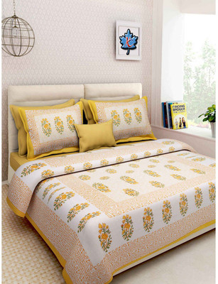Rangun 120 TC Cotton Double Self Design Flat Bedsheet(Pack of 3, Yellow)