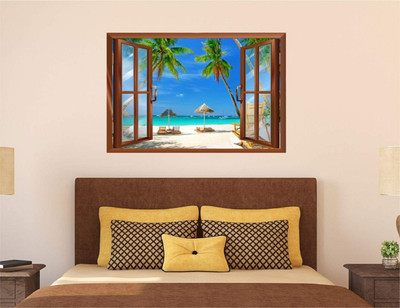 Asmi Collections 90 cm Beautiful Beach Nature Window Illusion Removable Sticker(Pack of 1)