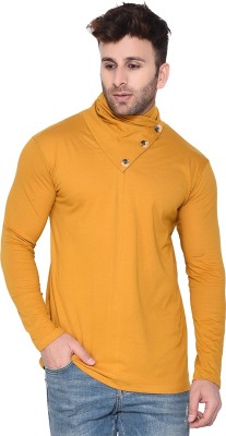 BEYOU FASHION Solid Men Turtle Neck Yellow T-Shirt