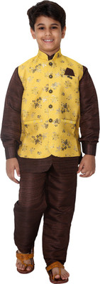 Fourfolds Boys Festive & Party Kurta, Waistcoat and Pyjama Set(Yellow Pack of 1)