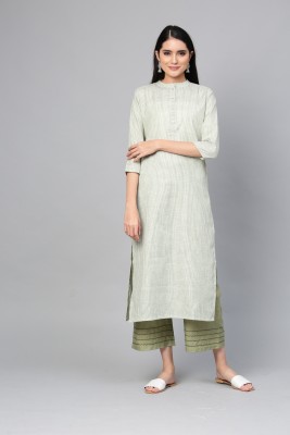 Indo Era Women Woven Design Straight Kurta(Green, White)