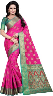 JAMRUKHI Striped, Woven Kanjivaram Tussar Silk, Art Silk Saree(Pink)