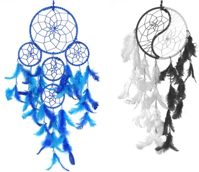 ARTBUG 5 Rings Blue / Ying Yang Dream Catcher (Pack of 2) Decorative Showpiece  -  55 cm(Feather, Steel, Black, Blue)