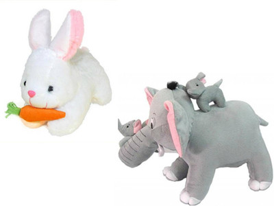 Lata Rabbit with carrot and Elephant with two babies combo  - 32 cm(Multicolor)