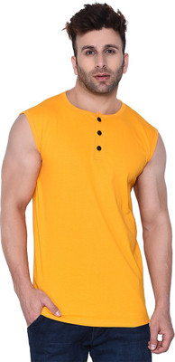 tfurnish Self Design Men Round Neck Yellow T-Shirt