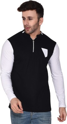 Lawful Casual Colorblock Men Mandarin Collar Black T-Shirt