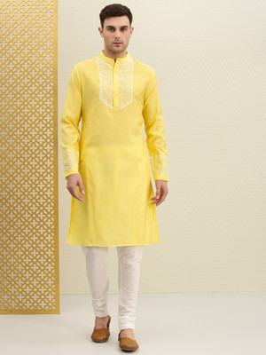 House of Pataudi Men Embroidered Straight Kurta(Yellow)