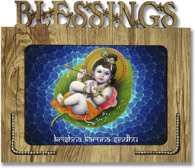Poster N Frames Poster N frames Decorative Blessings Hand Crafted Wooden table with photo of (Baby) Bal Krishna size of photo frame 5x7 Digital Reprint 7.75 inch x 9 inch Painting(With Frame)